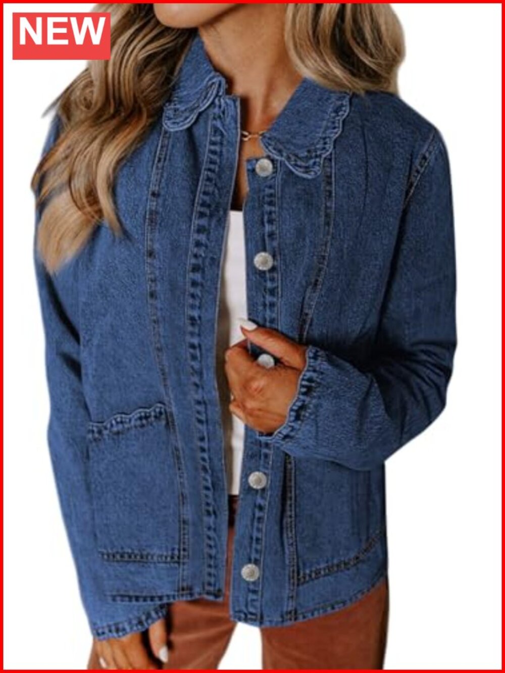 Ruffled Denim Jacket Shacket Long Sleeve Button Front Cotton Blend